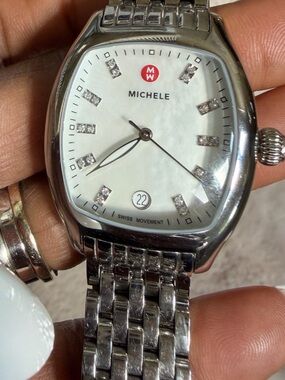 Michele Silver-Tone Stainless Steel Diamond Accent Watch with White Dial